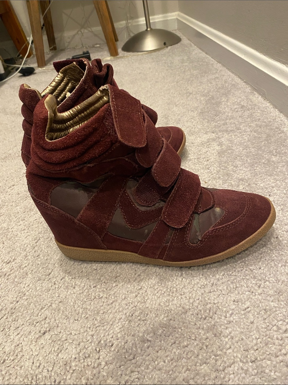 Steve Madden Burgundy Suede Wedge Sneaker with Gold Accent - Picture 5 of 5